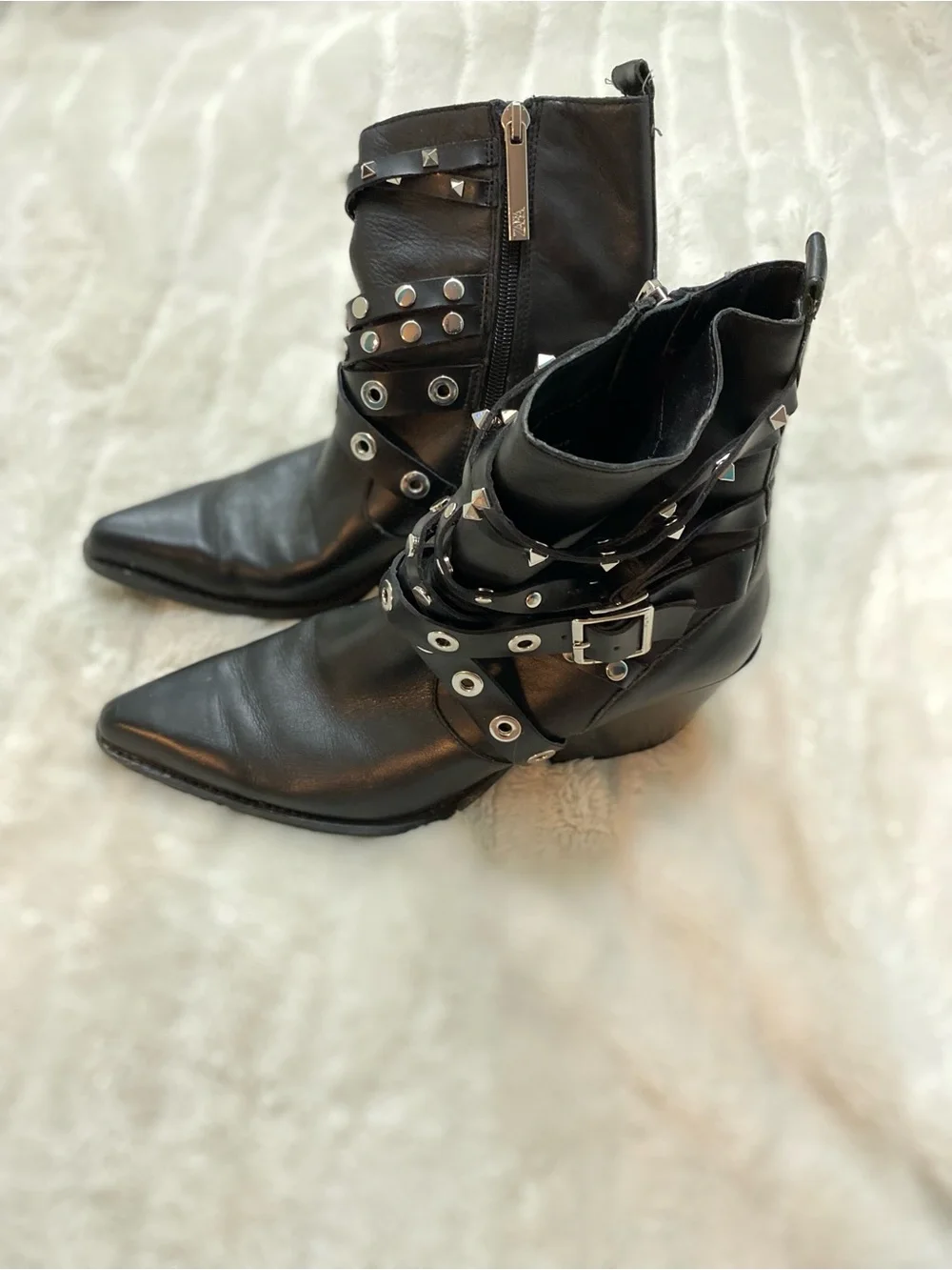 Zara Black Leather Studded Ankle Boots with Buckle Straps Size 8.5 (39)
